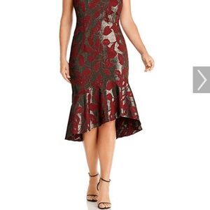 Adrianna Papell Burgundy and Grey Metallic One Shoulder High Low Dress W/ Wrap